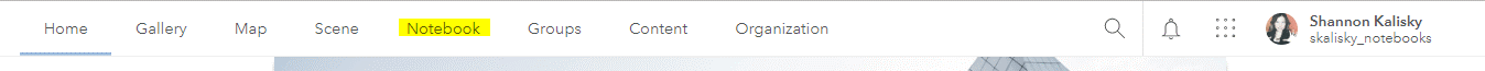 Administrators and people with notebook privileges will see a new Notebook option in the top navigation of ArcGIS Online.